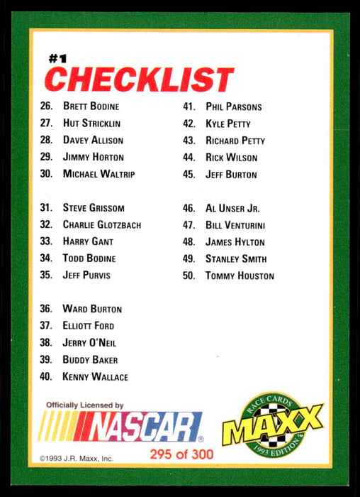 Checklist 1 1993 Maxx Race Cards Base Back of Card