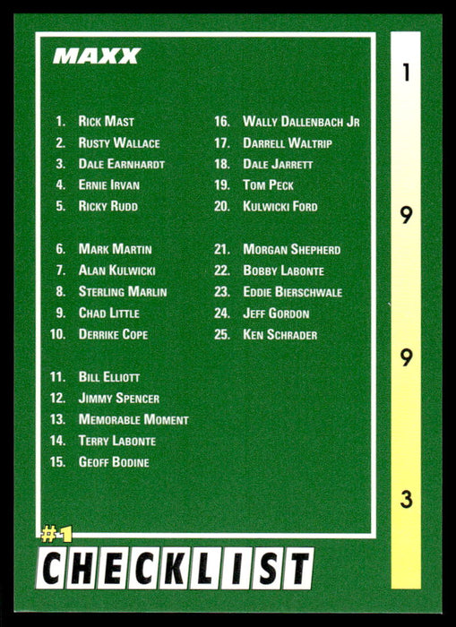 Checklist 1 1993 Maxx Race Cards Base Front of Card