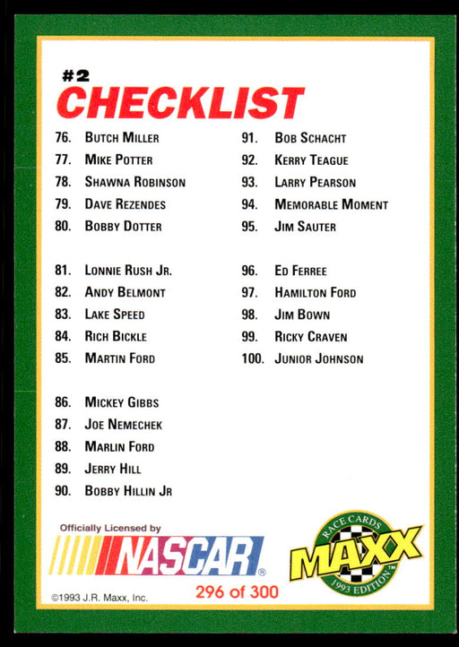 Checklist 2 1993 Maxx Race Cards Base Back of Card