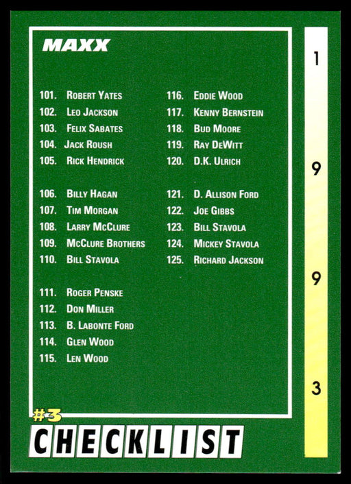 Checklist 3 1993 Maxx Race Cards Base Front of Card