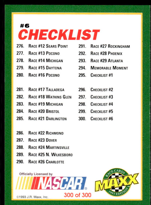 Checklist 6 1993 Maxx Race Cards Base Back of Card