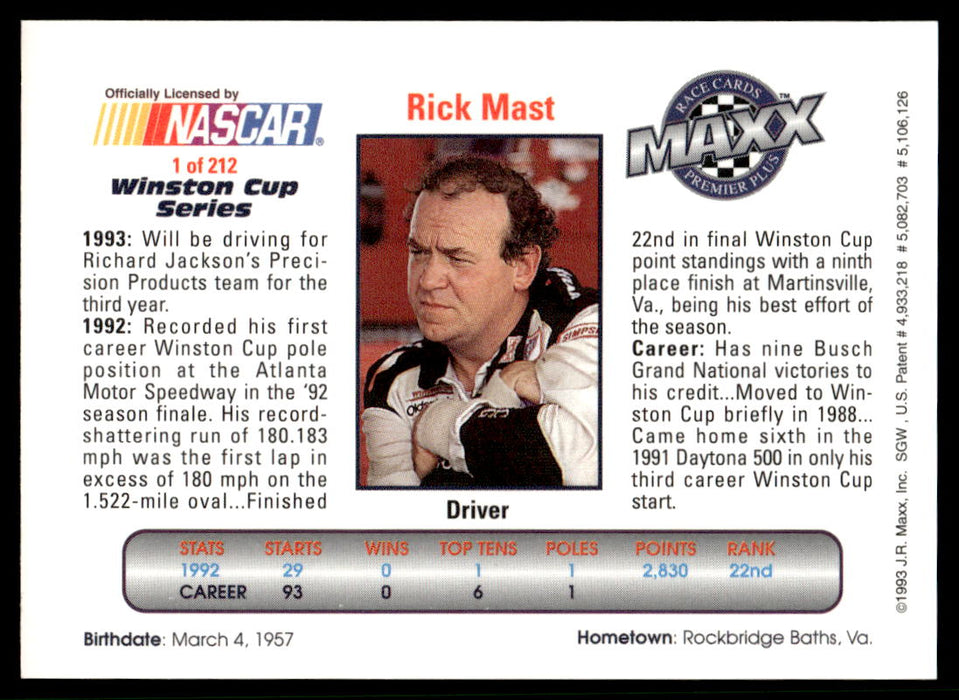 Rick Mast 1993 Maxx Premier Plus Base Back of Card