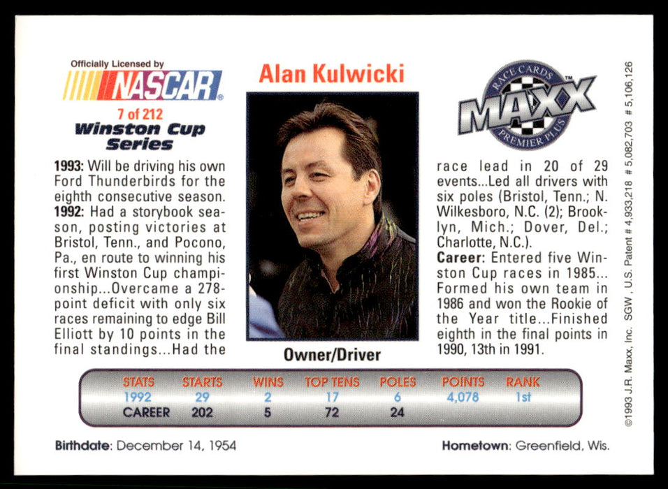 Alan Kulwicki 1993 Maxx Premier Plus Base Back of Card