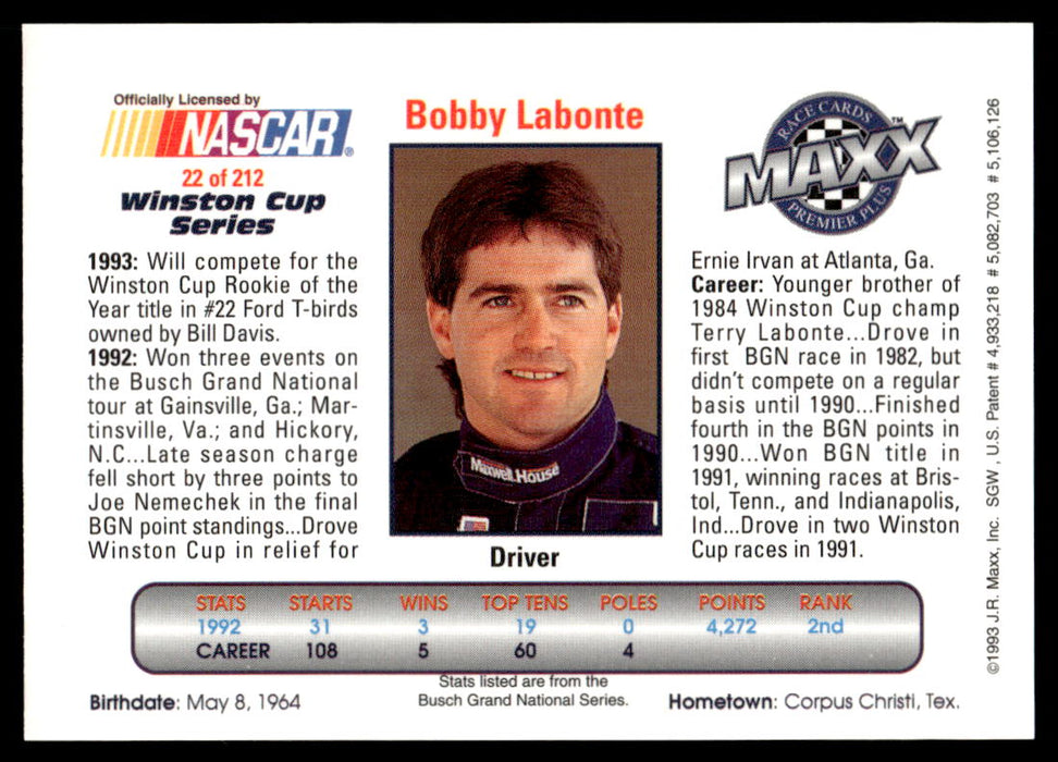 Bobby Labonte 1993 Maxx Premier Plus Base Back of Card