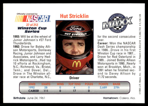 Hut Stricklin 1993 Maxx Premier Plus Base Back of Card