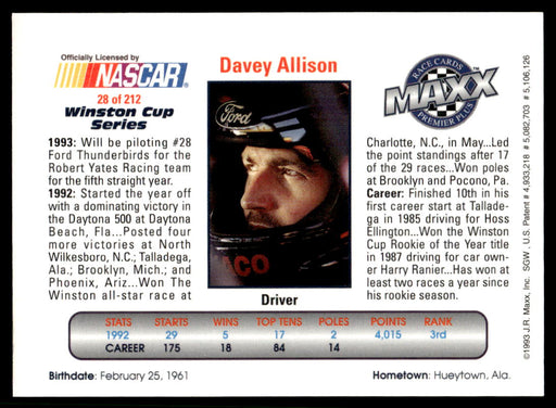 Davey Allison 1993 Maxx Premier Plus Base Back of Card