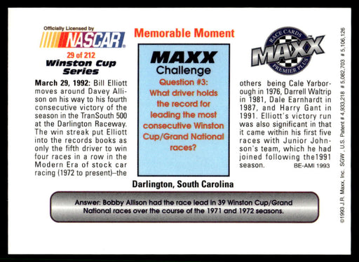 Davey Allison 1993 Maxx Premier Plus Base Back of Card