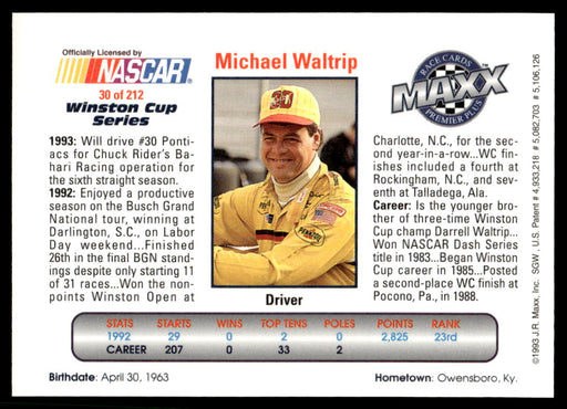 Michael Waltrip 1993 Maxx Premier Plus Base Back of Card