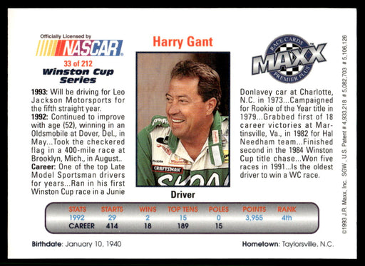 Harry Gant 1993 Maxx Premier Plus Base Back of Card