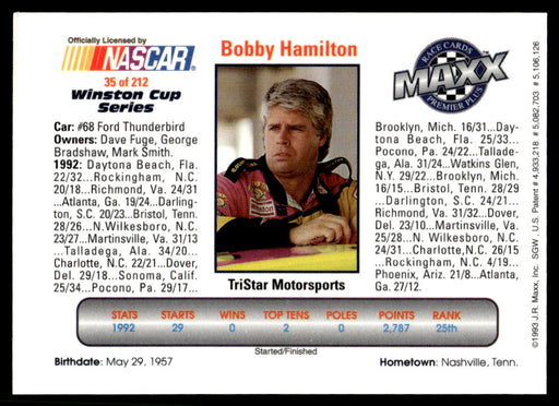 Bobby Hamilton 1993 Maxx Premier Plus Base Back of Card