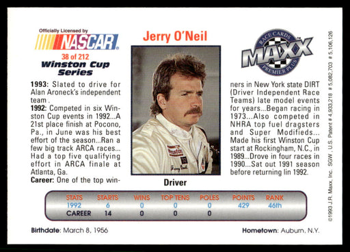 Jerry O'Neil 1993 Maxx Premier Plus Base Back of Card