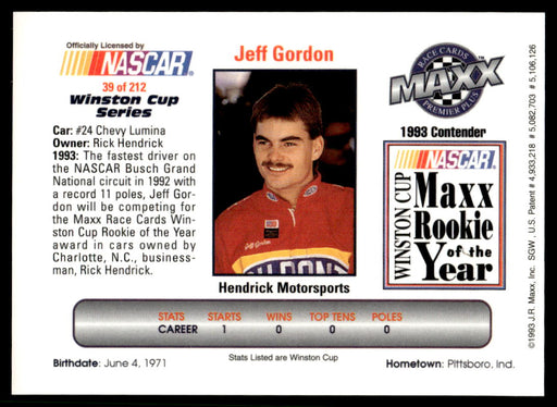 Jeff Gordon 1993 Maxx Premier Plus Base Back of Card