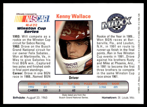 Kenny Wallace 1993 Maxx Premier Plus Base Back of Card