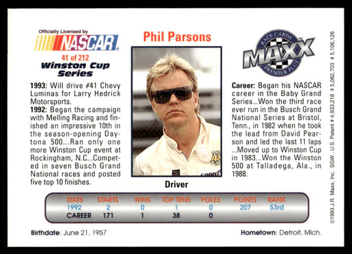 Phil Parsons 1993 Maxx Premier Plus Base Back of Card