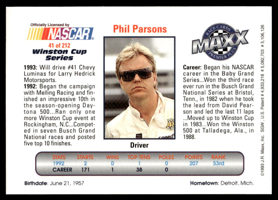 Phil Parsons 1993 Maxx Premier Plus Base Back of Card