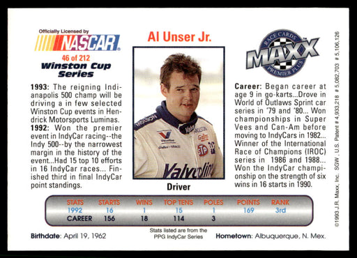 Al Unser Jr. 1993 Maxx Premier Plus Base Back of Card