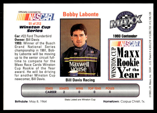 Bobby Labonte 1993 Maxx Premier Plus Base Back of Card