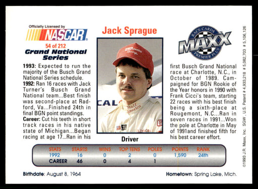 Jack Sprague 1993 Maxx Premier Plus Base Back of Card