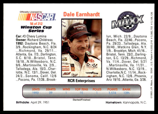 Dale Earnhardt 1993 Maxx Premier Plus Base Back of Card