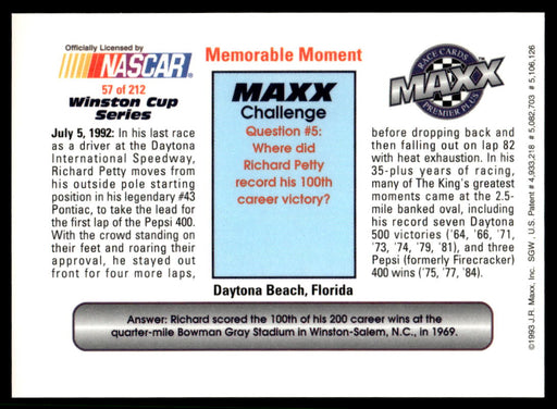 Daytona Pepsi 400 1993 Maxx Premier Plus Base Back of Card