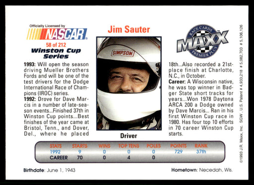 Jim Sauter 1993 Maxx Premier Plus Base Back of Card