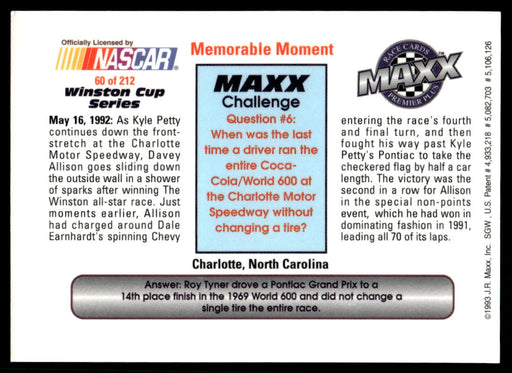 Davey Allison 1993 Maxx Premier Plus Base Back of Card