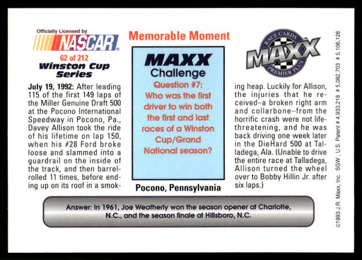 Davey Allison 1993 Maxx Premier Plus Base Back of Card