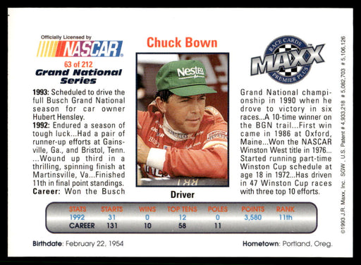 Chuck Bown 1993 Maxx Premier Plus Base Back of Card