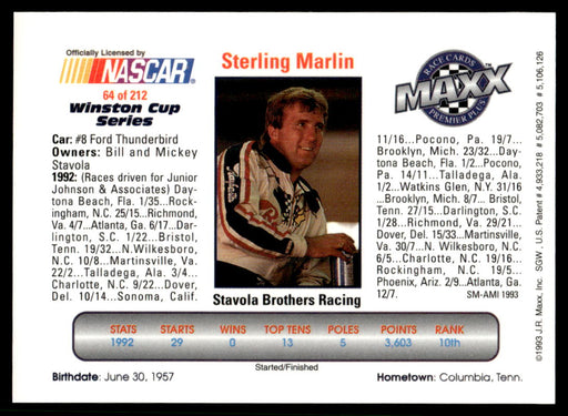 Sterling Marlin 1993 Maxx Premier Plus Base Back of Card