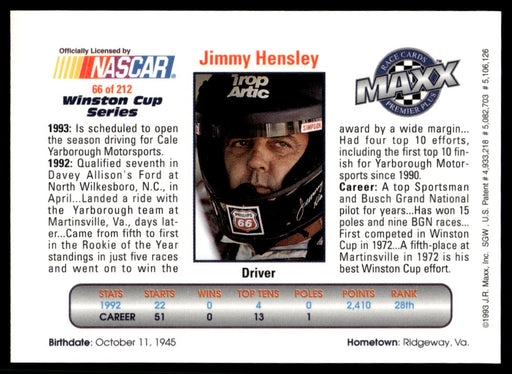 Jimmy Hensley 1993 Maxx Premier Plus Base Back of Card