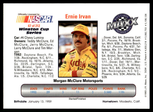 Ernie Irvan 1993 Maxx Premier Plus Base Back of Card