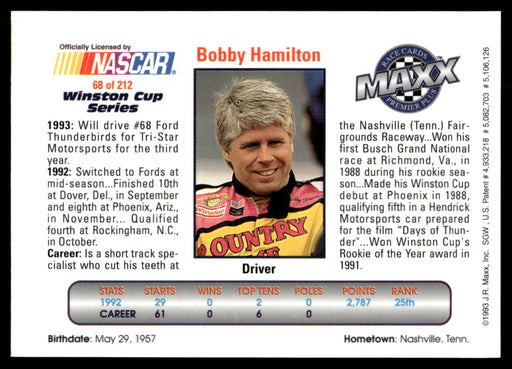 Bobby Hamilton 1993 Maxx Premier Plus Base Back of Card