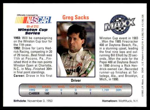 Greg Sacks 1993 Maxx Premier Plus Base Back of Card