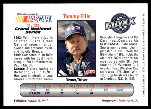 Tommy Ellis 1993 Maxx Premier Plus Base Back of Card