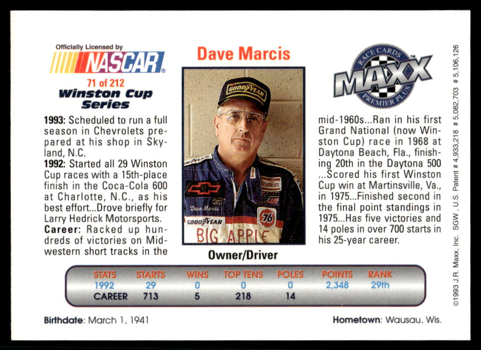 Dave Marcis 1993 Maxx Premier Plus Base Back of Card