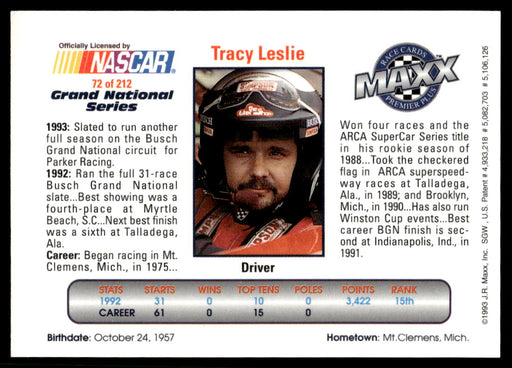 Tracy Leslie 1993 Maxx Premier Plus Base Back of Card