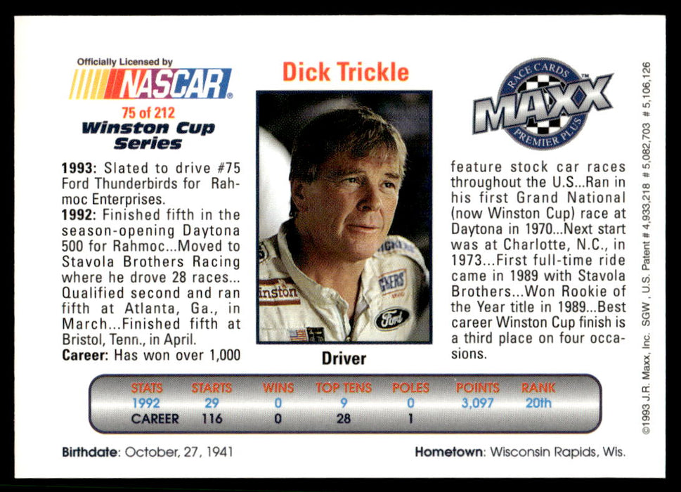 Dick Trickle 1993 Maxx Premier Plus Base Back of Card