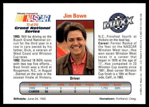 Jim Bown 1993 Maxx Premier Plus Base Back of Card