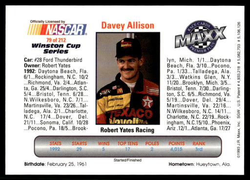 Davey Allison 1993 Maxx Premier Plus Base Back of Card