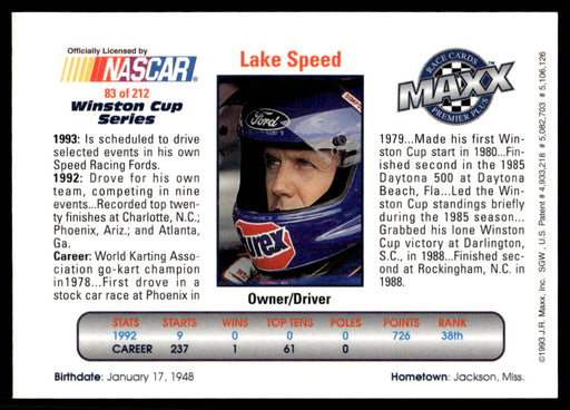 Lake Speed 1993 Maxx Premier Plus Base Back of Card