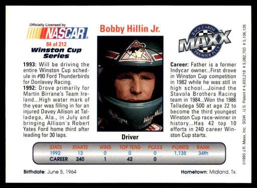 Bobby Hillin Jr. 1993 Maxx Premier Plus Base Back of Card