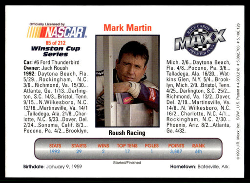 Mark Martin 1993 Maxx Premier Plus Base Back of Card