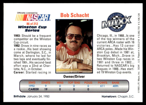 Bob Schacht 1993 Maxx Premier Plus Base Back of Card