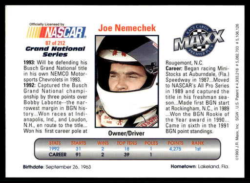 Joe Nemechek 1993 Maxx Premier Plus Base Back of Card