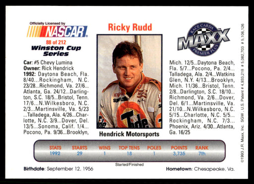 Ricky Rudd 1993 Maxx Premier Plus Base Back of Card