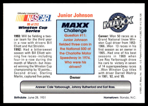 Junior Johnson 1993 Maxx Premier Plus Base Back of Card