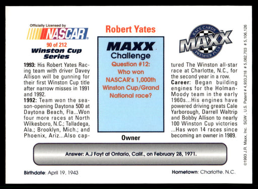 Robert Yates 1993 Maxx Premier Plus Base Back of Card