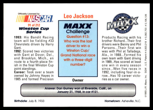 Leo Jackson 1993 Maxx Premier Plus Base Back of Card