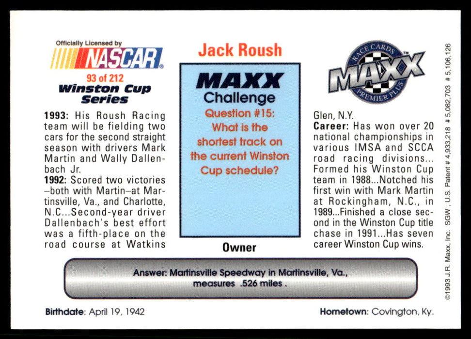 Jack Roush 1993 Maxx Premier Plus Base Back of Card