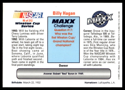 Billy Hagan 1993 Maxx Premier Plus Base Back of Card